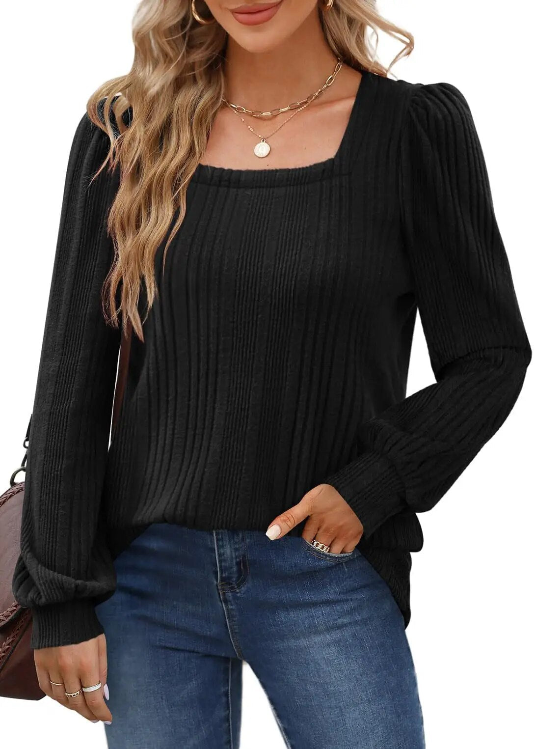 Pull côtelé pour femme à encolure carrée
