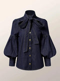 Women’s Bow Neck Statement Sleeve Denim Top