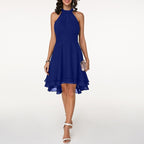 Women's Layered Halterneck Dress with Flowing Chiffon Skirt for Elegance