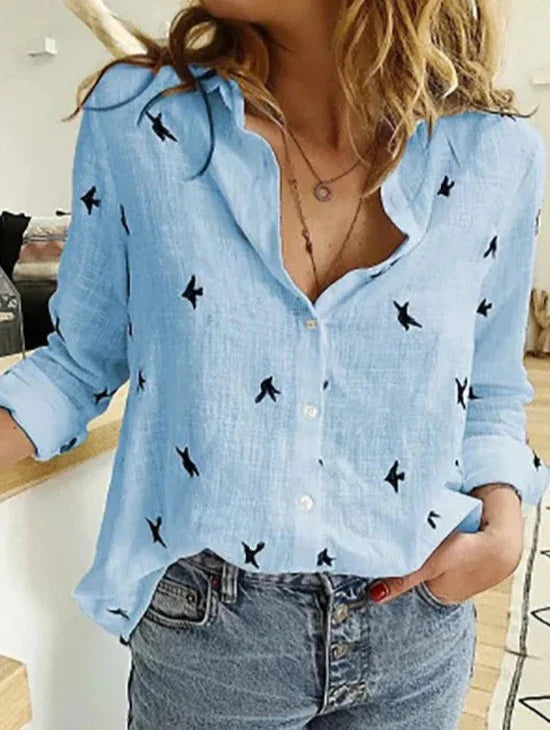 Women Lightweight Blouse with Relaxed Fit and Subtle Bird Print Design