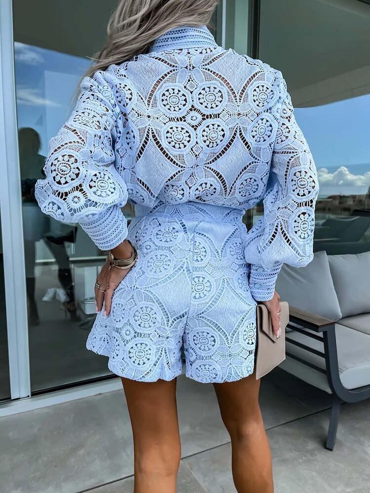 Women's Floral Lace Long Sleeve Romper with Button-Front Detail and High-Waist Fit