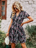 Florales Kurzarmkleid für Damen mit fließendem Schnitt und V-Ausschnitt für alltägliche Eleganz