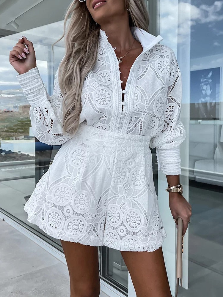 Women's Floral Lace Long Sleeve Romper with Button-Front Detail and High-Waist Fit