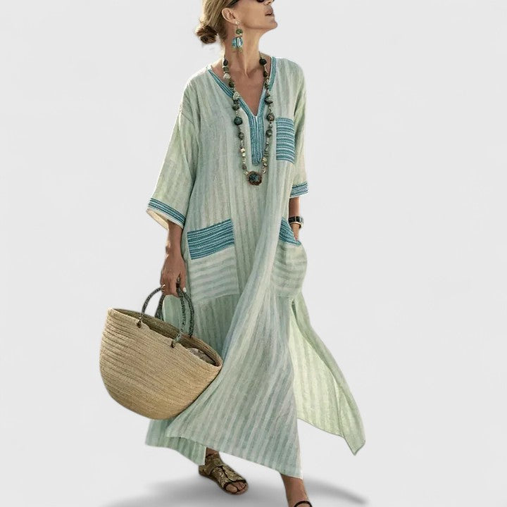 Bohemien-Damen-Maxikleid mit gewebtem Streifendetail und lockerem, fließendem Schnitt