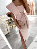 Elegantes Damen-Asymmetrisches Midi-Kleid mit Schlitz und Taillenband