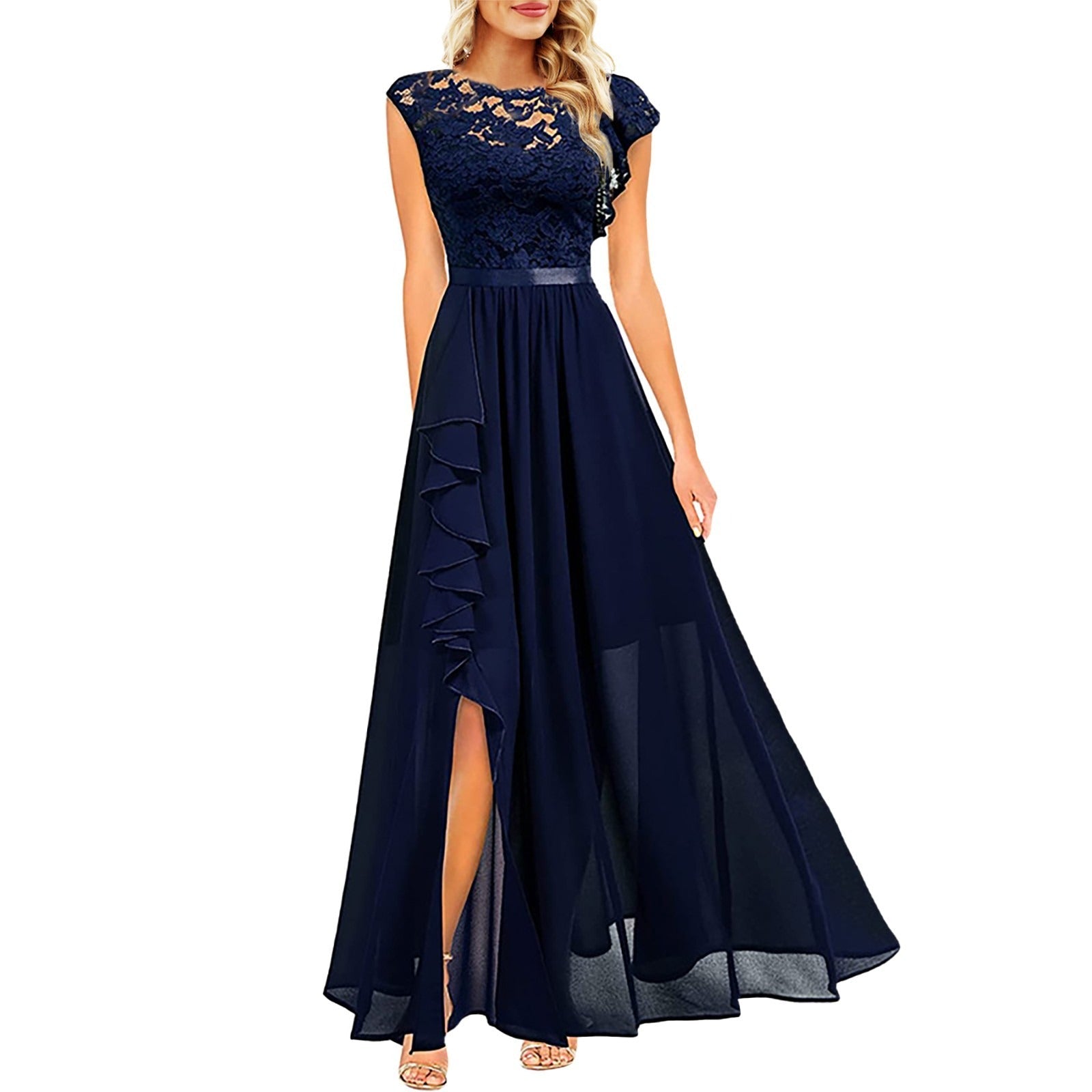 Maxikleid aus Spitze für Damen mit fließendem Rock und Rüschendetail für elegante Anlässe