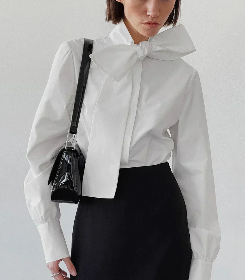 Damen Schleifenkragen-Bluse mit eleganter, strukturierter Passform und langen Ärmeln