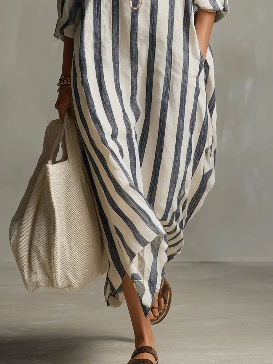 Women's Striped Collared Maxi Shirt Dress