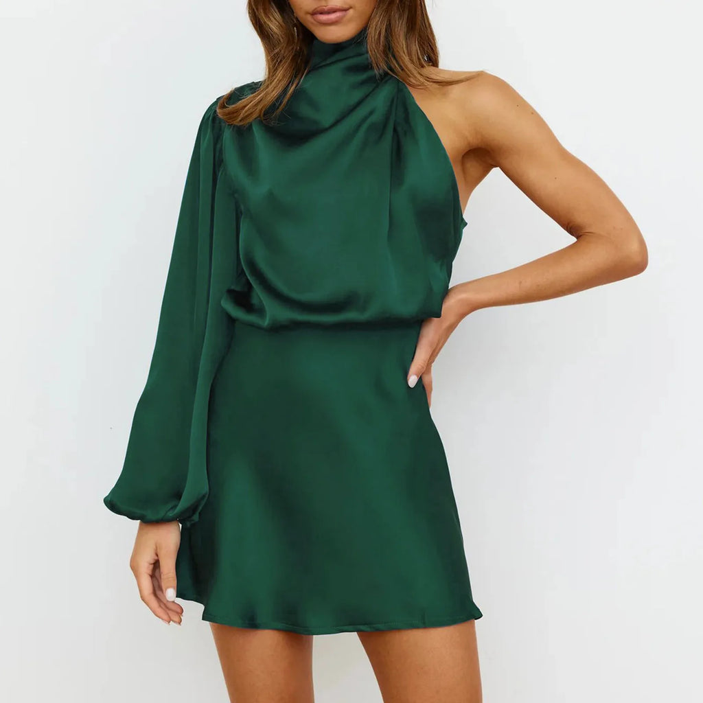 Asymmetric Satin Mini Dress for Women with One Shoulder Elegant Evening Style