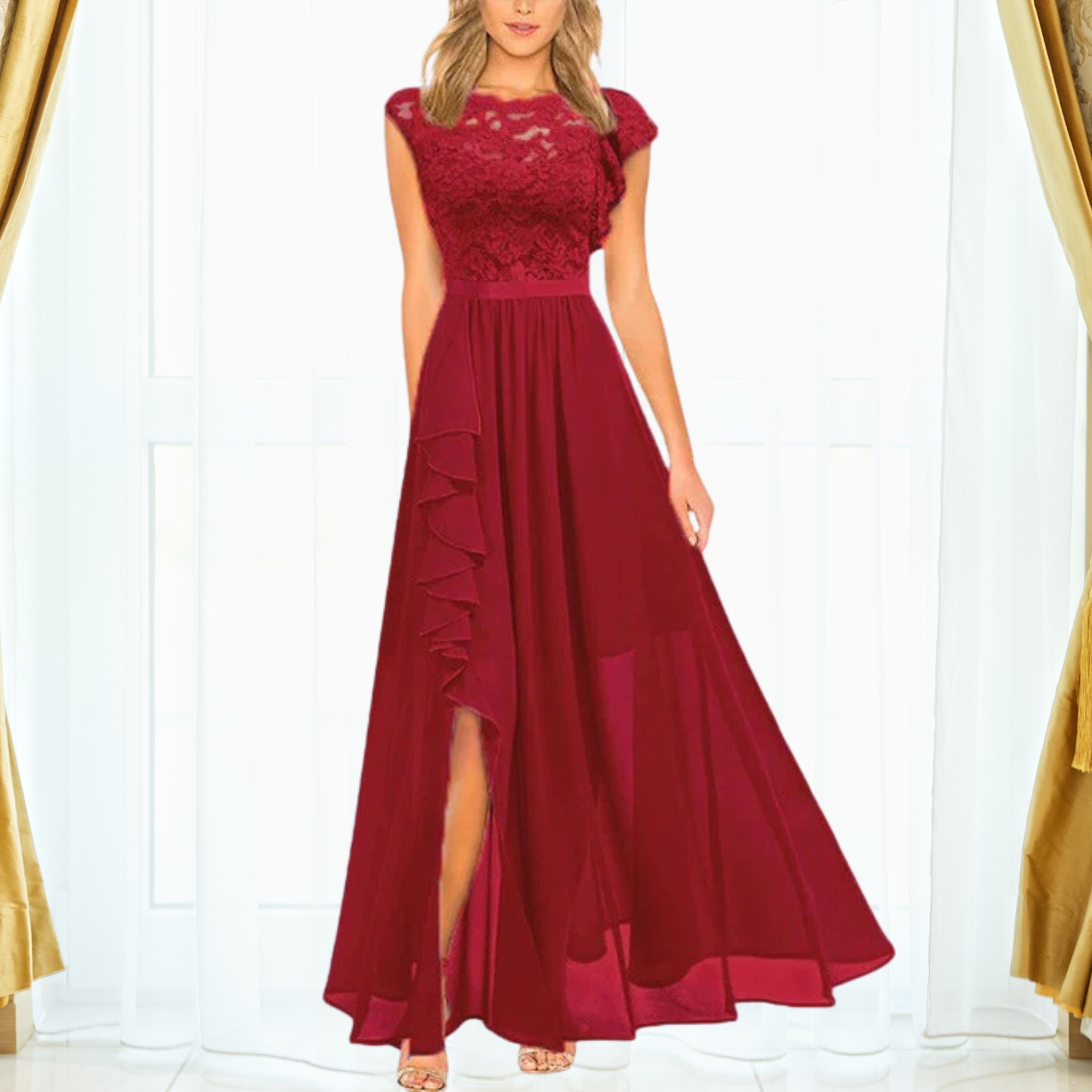 Maxikleid aus Spitze für Damen mit fließendem Rock und Rüschendetail für elegante Anlässe