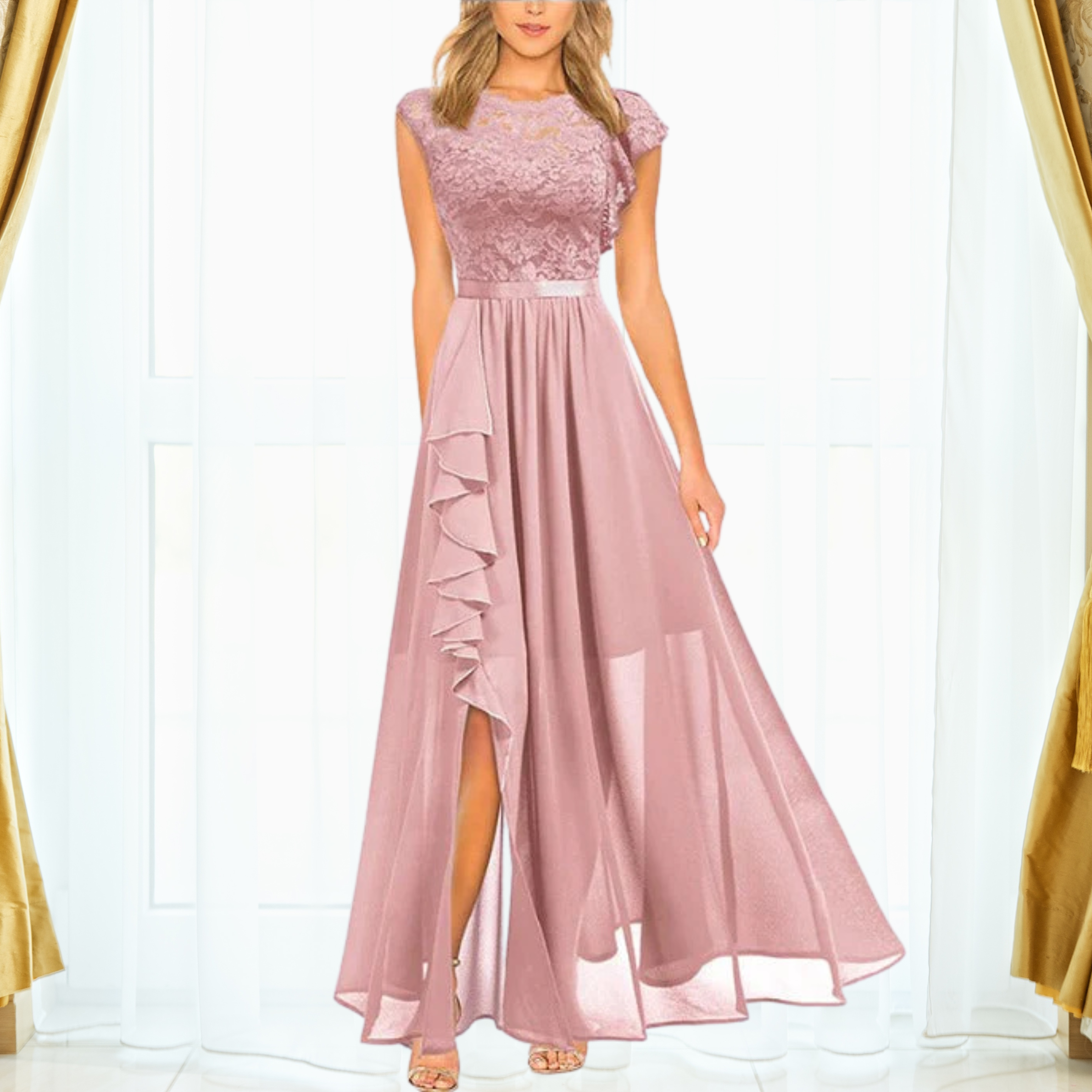 Maxikleid aus Spitze für Damen mit fließendem Rock und Rüschendetail für elegante Anlässe