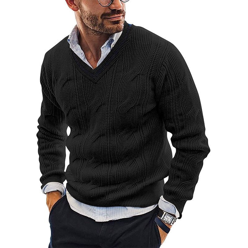 Herrenpullover mit V-Ausschnitt und Zopfmuster