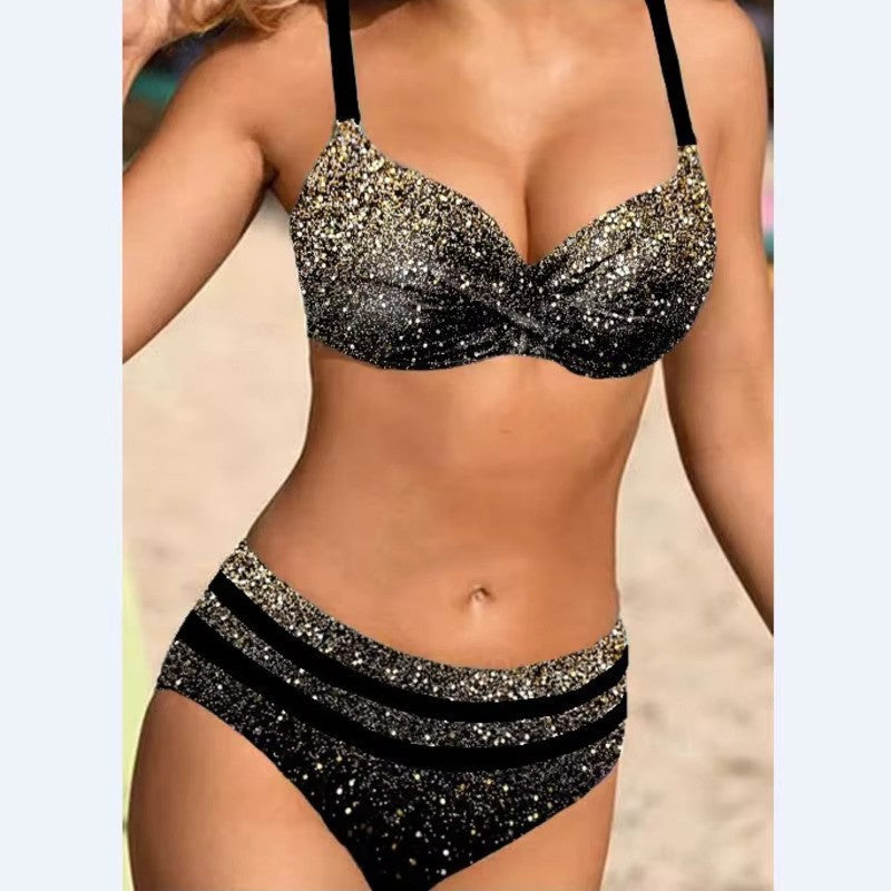 Women's Tropical Print Bikini Set with High-Waisted Bottoms for Beachwear