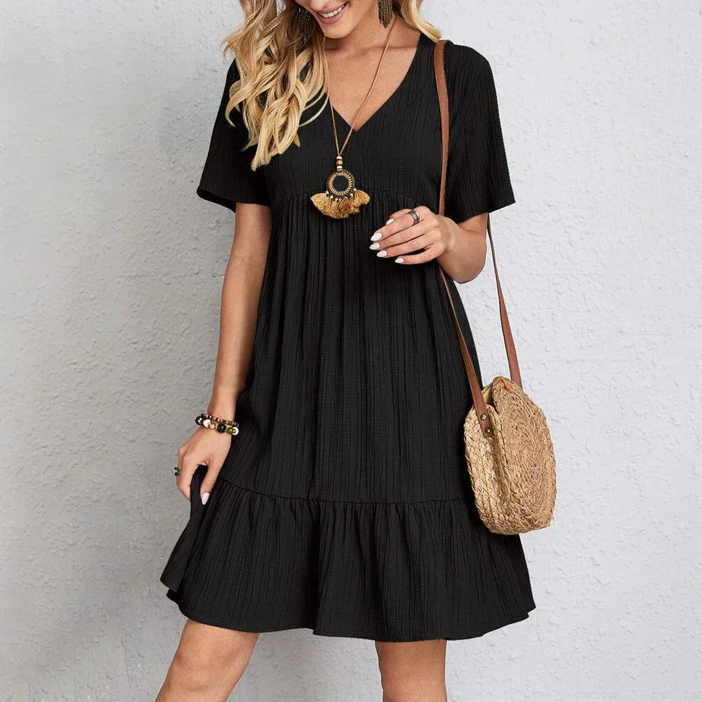 Women's Textured V-Neck Ruffle Hem Casual Mini Dress