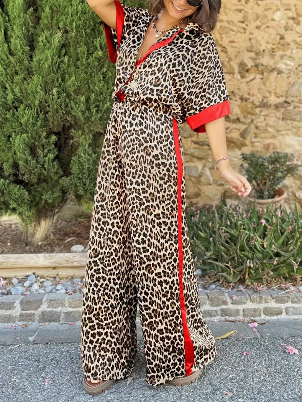 Women's Leopard Print Wide Leg Co-Ord Set with Contrast Trim Details