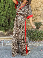 Women's Leopard Print Wide Leg Co-Ord Set with Contrast Trim Details
