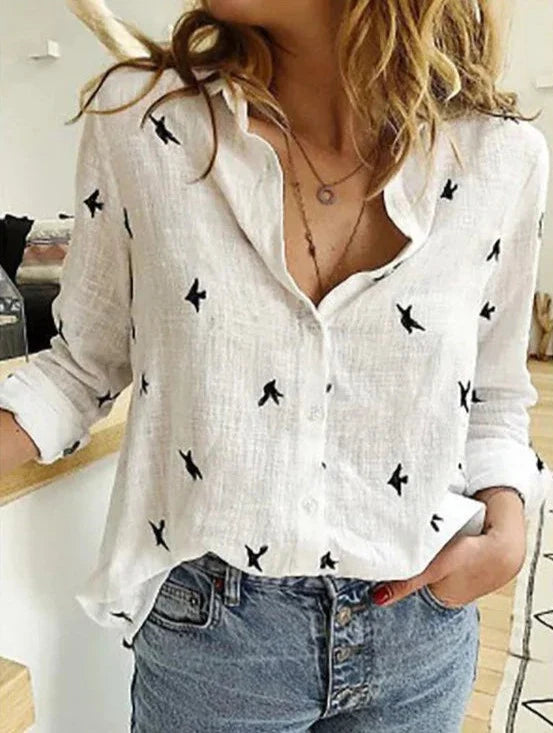 Women Lightweight Blouse with Relaxed Fit and Subtle Bird Print Design