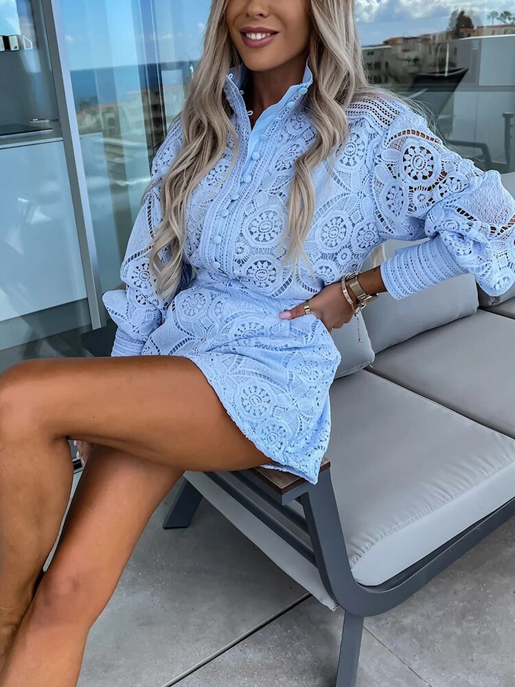 Women's Floral Lace Long Sleeve Romper with Button-Front Detail and High-Waist Fit