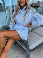 Women's Floral Lace Long Sleeve Romper with Button-Front Detail and High-Waist Fit