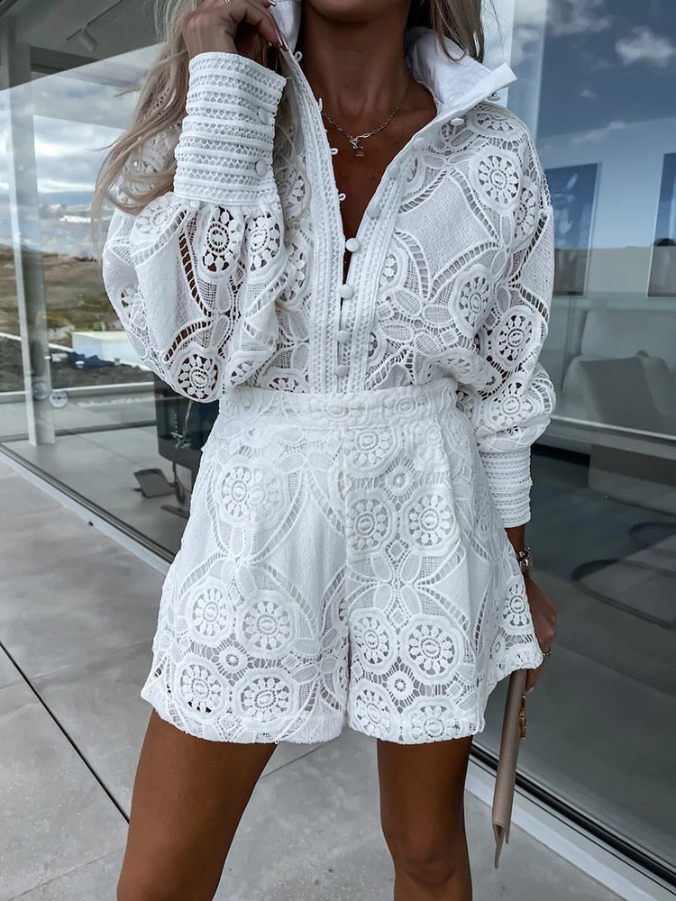 Women's Floral Lace Long Sleeve Romper with Button-Front Detail and High-Waist Fit