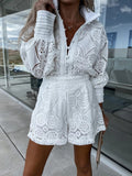 Women's Floral Lace Long Sleeve Romper with Button-Front Detail and High-Waist Fit