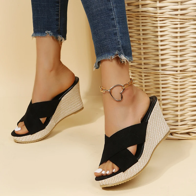 Women's Cross-Strap Espadrille Wedge Slide Sandals with Cushioned Footbed