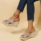 Women's Cross-Strap Espadrille Wedge Slide Sandals with Cushioned Footbed