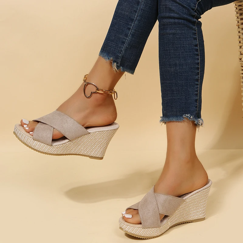 Women's Cross-Strap Espadrille Wedge Slide Sandals with Cushioned Footbed