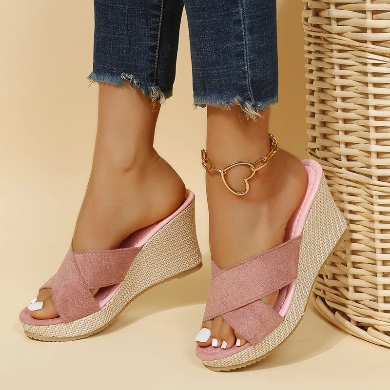 Women's Cross-Strap Espadrille Wedge Slide Sandals with Cushioned Footbed