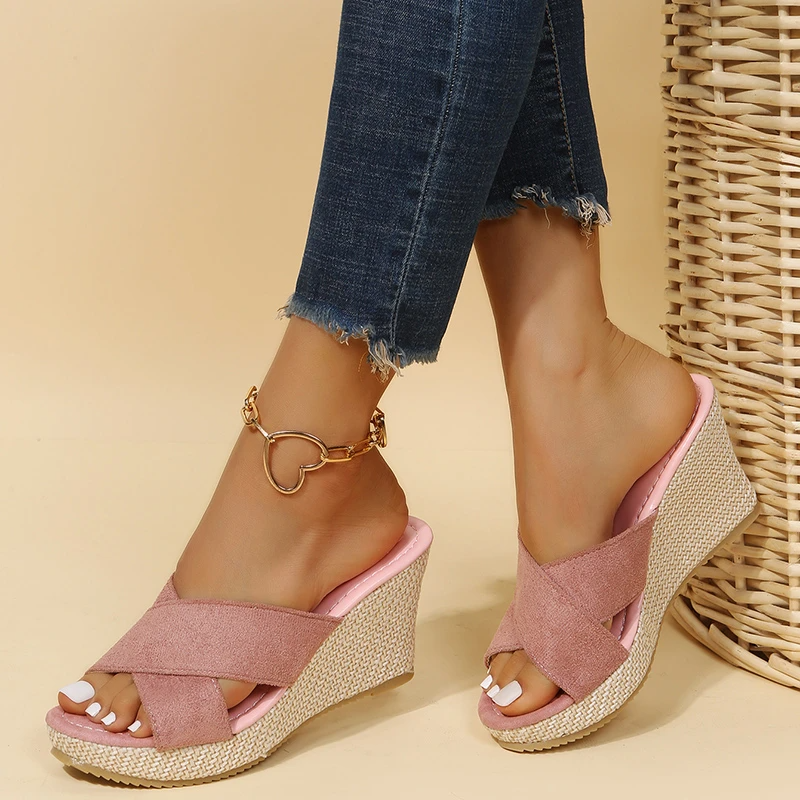 Women's Cross-Strap Espadrille Wedge Slide Sandals with Cushioned Footbed