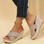 Women's Cross-Strap Espadrille Wedge Slide Sandals with Cushioned Footbed