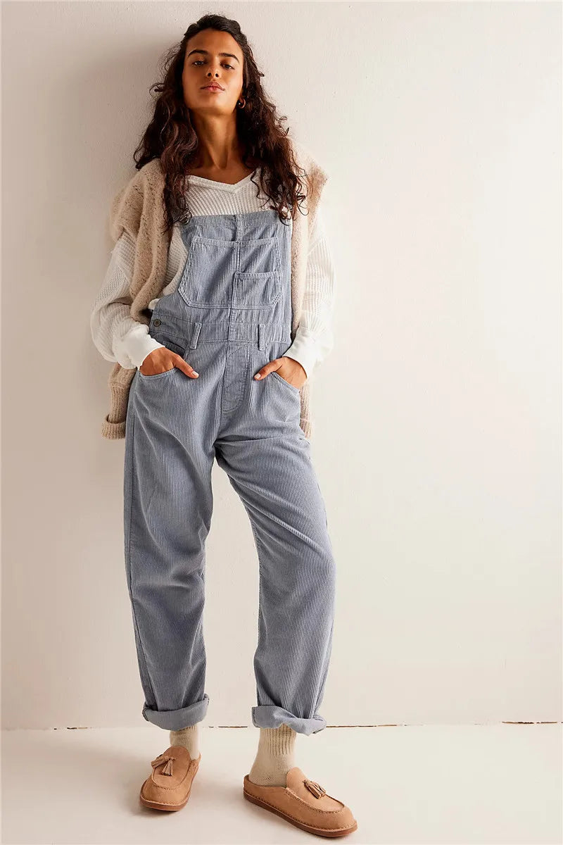 Women Corduroy Jumpsuit with Relaxed Fit and Adjustable Strap Detail