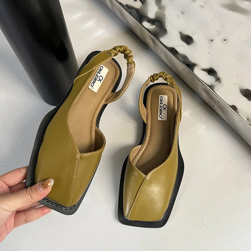 Women's Square Toe Slingback Flats with Elastic Back Strap and Cushioned Comfort Insole