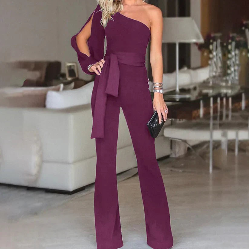 Women's One-Shoulder Wide-Leg Jumpsuit with Waist Tie for Elegant Occasions