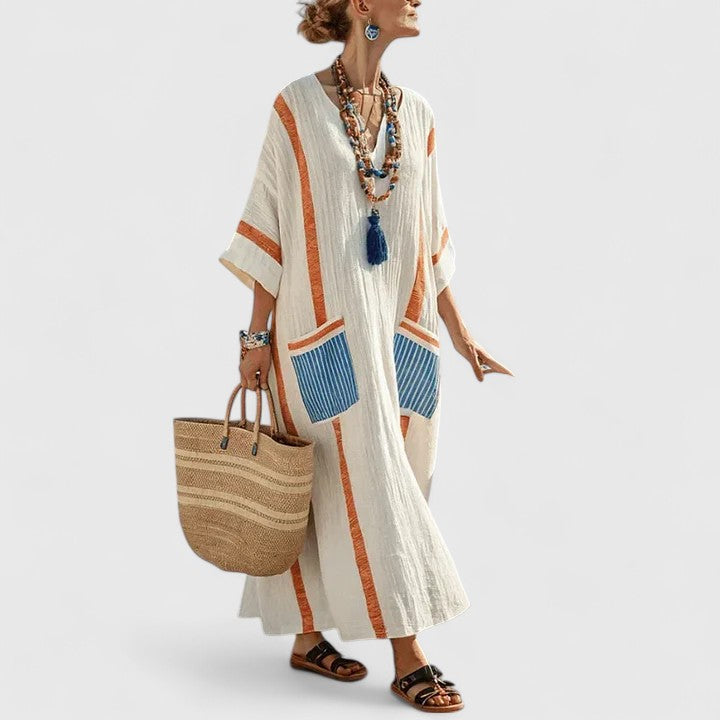 Women's Bohemian Maxi Dress with Woven Stripe Detail and Relaxed Flowing Fit