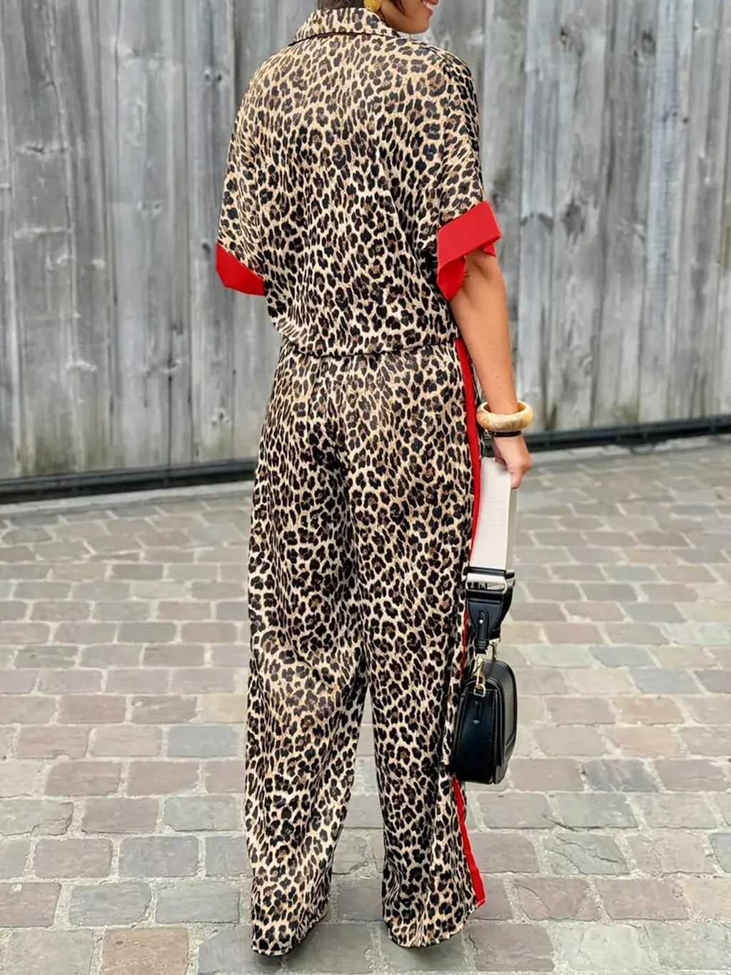Women's Leopard Print Wide Leg Co-Ord Set with Contrast Trim Details