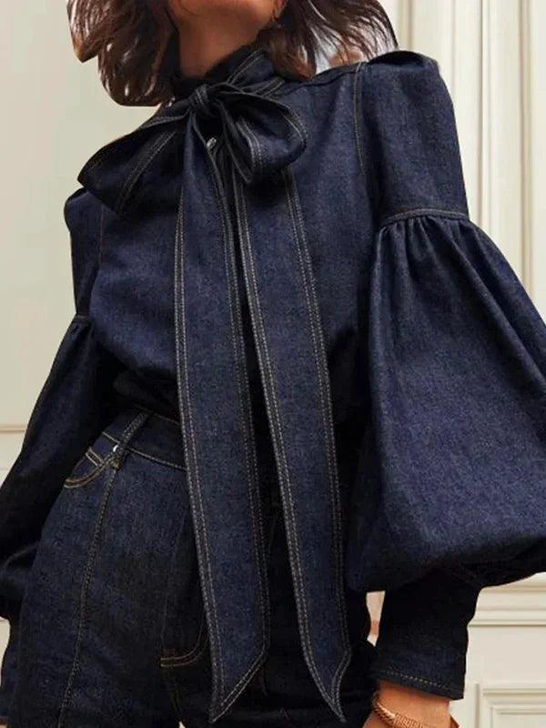 Women’s Bow Neck Statement Sleeve Denim Top