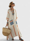Damen Boho Maxikleid mit V-Ausschnitt und aufgesetzter Tasche
