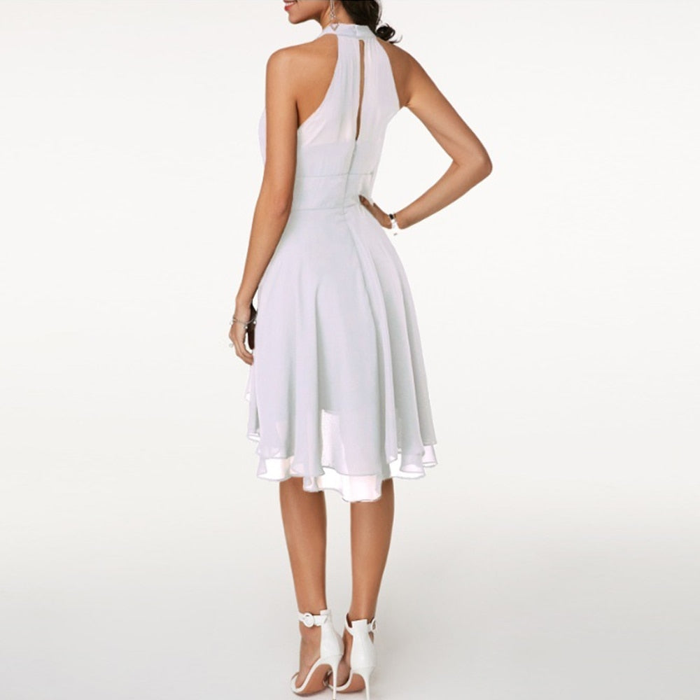 Women's Halter Neck Dress with Layered Hem and Flowy Lightweight Silhouette
