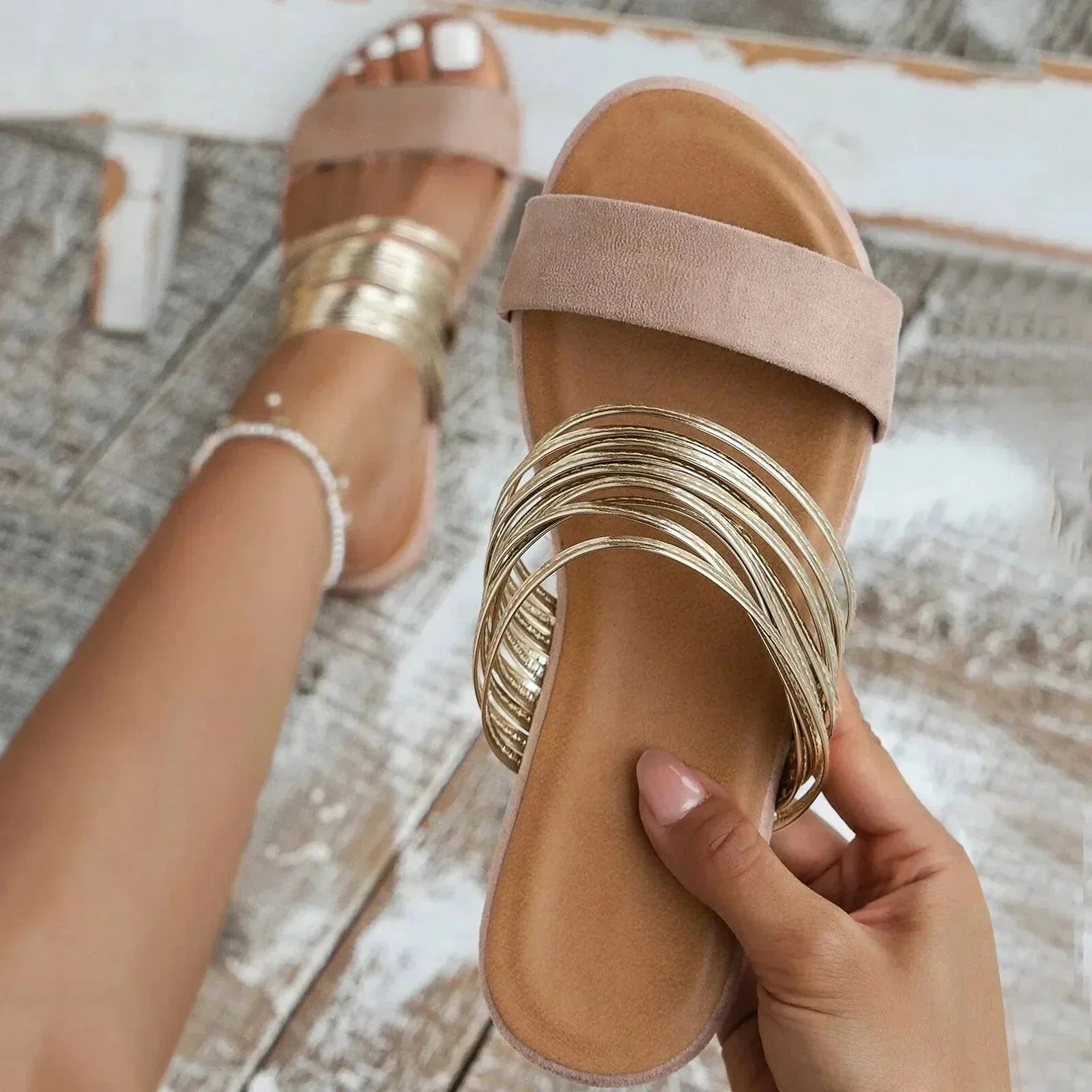 Women's Metallic Strap Flat Sandals