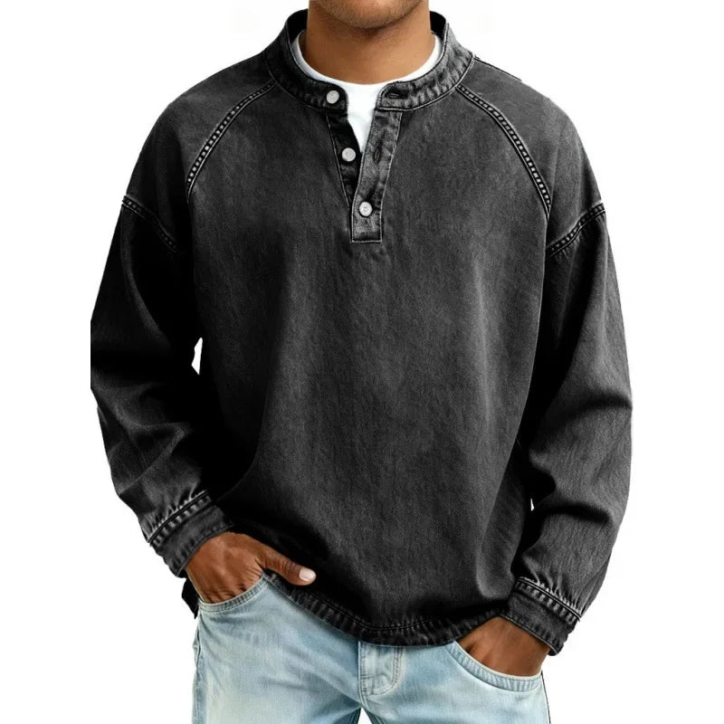 Sweat-shirt Henley à manches longues pour homme, effet délavé, avec patte de boutonnage