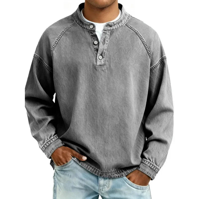 Sweat-shirt Henley à manches longues pour homme, effet délavé, avec patte de boutonnage