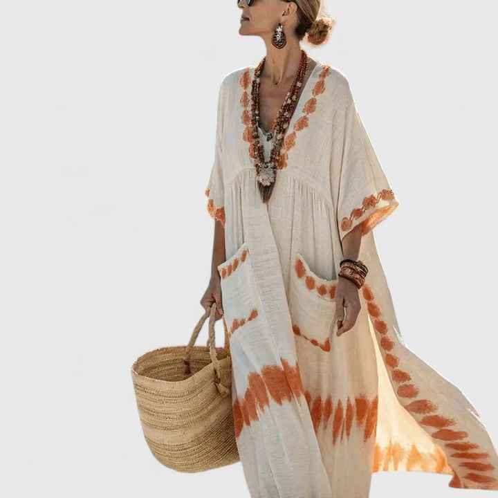 Women's Bohemian Maxi Dress with Woven Stripe Detail and Relaxed Flowing Fit