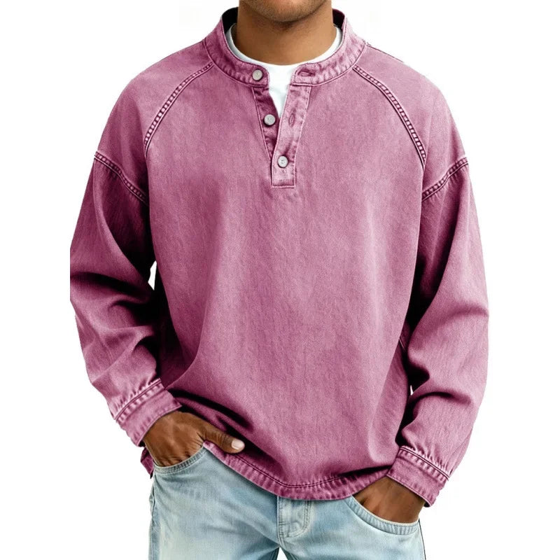 Sweat-shirt Henley à manches longues pour homme, effet délavé, avec patte de boutonnage