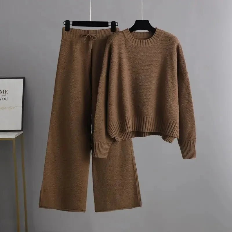 Women's Two-Piece Knit Sweater and Wide-Leg Trousers Set