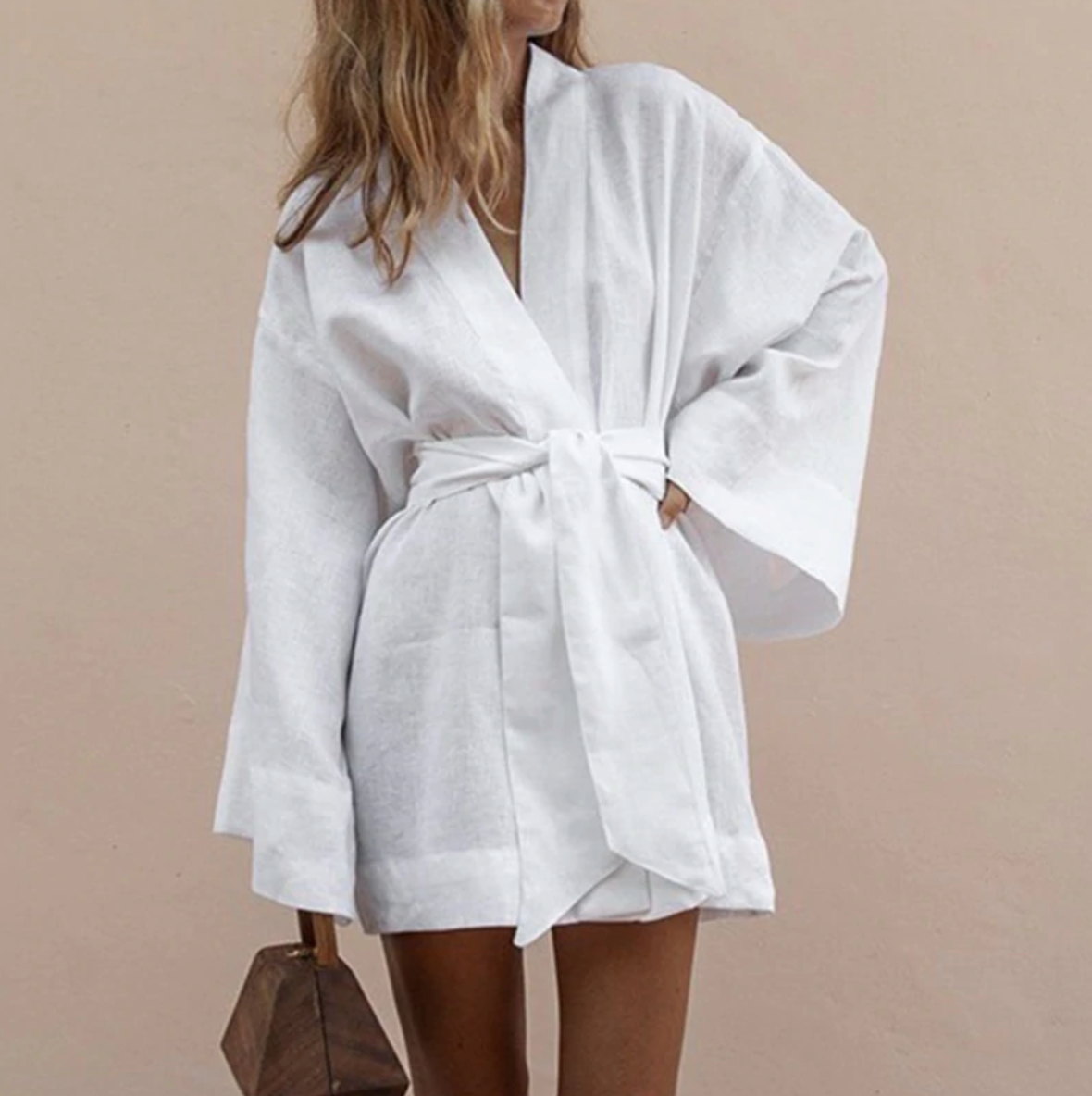 Leinenmisch-Kimono für Damen mit Taillengürtel für entspannte Alltags-Eleganz