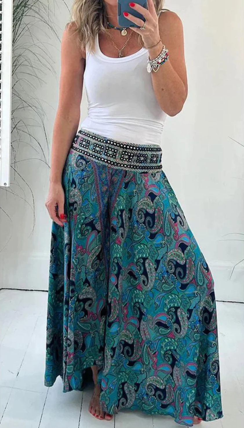 Damenweite Paisley-Hose mit elastischem Bund für den Sommer