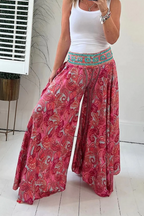 Women's Wide-Leg Paisley Trousers with Elasticated Waist for Summer Wear