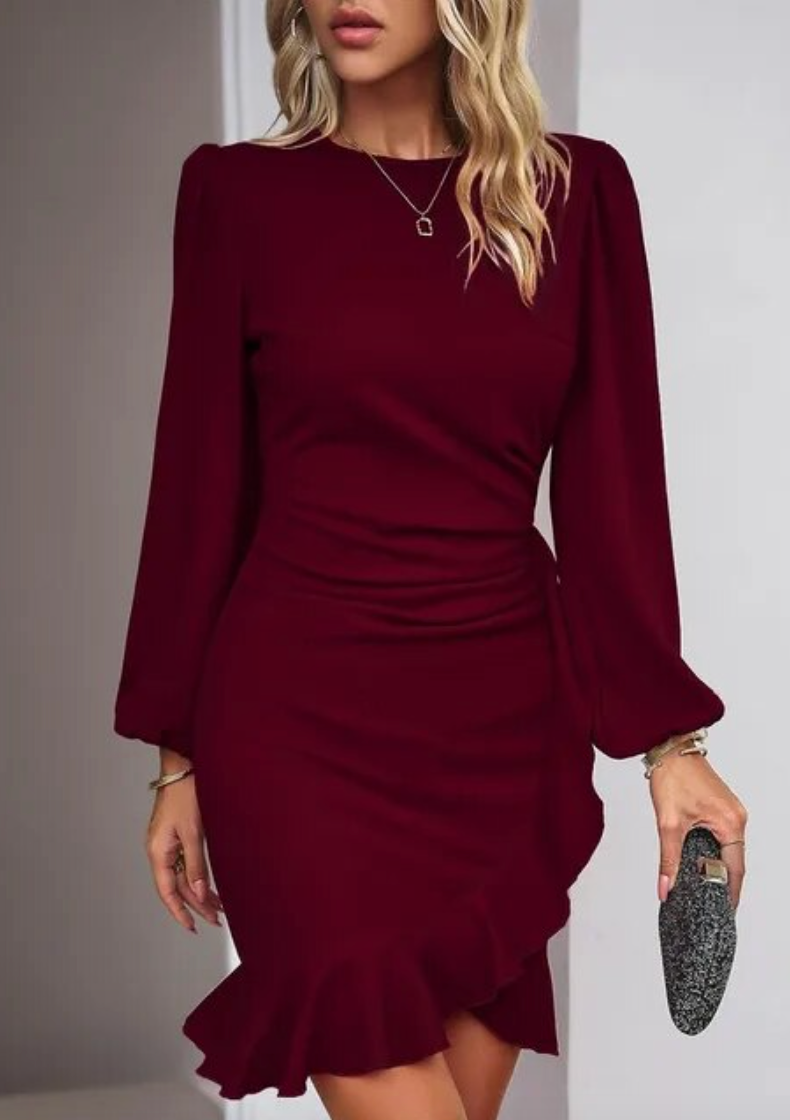 Damenkleid mit langen Ärmeln und Rüschen, Ballonärmel für elegante Anlässe