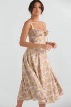 Damen-Midikleid mit Blumenmuster, Korsettoberteil, Seitenschlitz und ausgestelltem Rock